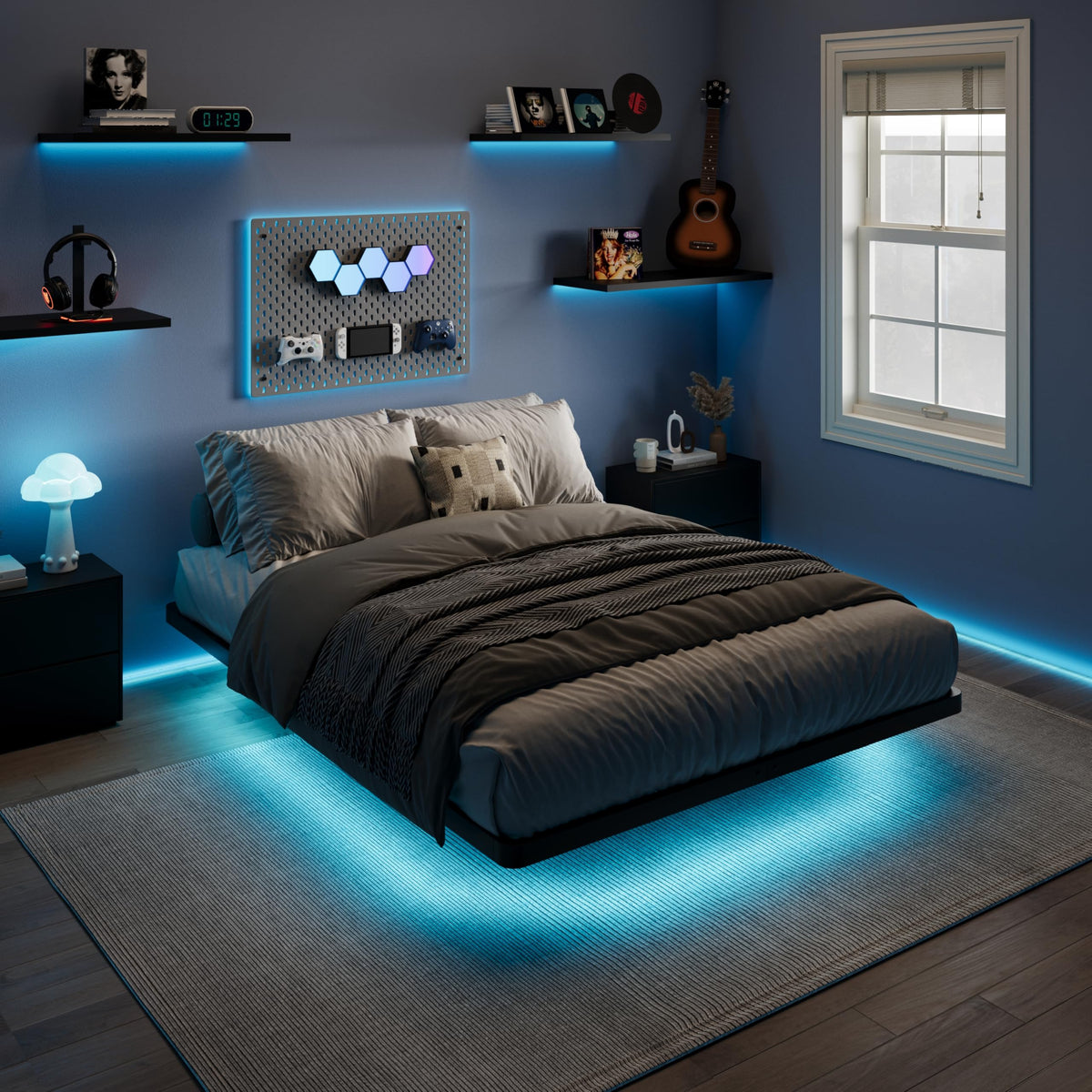 Full Size Floating Bed Frame with LED Lights, Black P8984