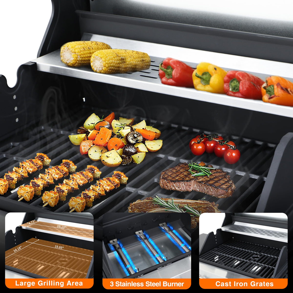 3-Burner Propane Gas Grill with Side Burner F2252