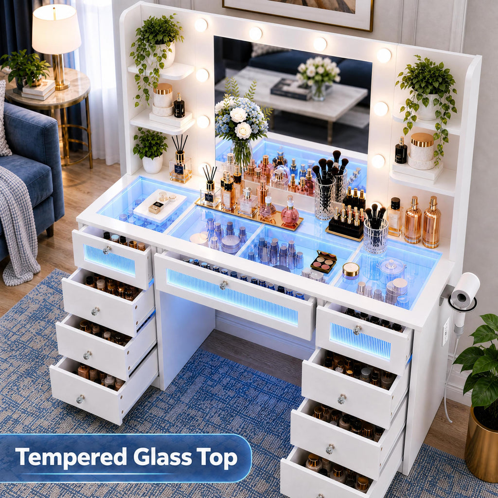 White Vanity with Lighted Mirror and Glass Top W167