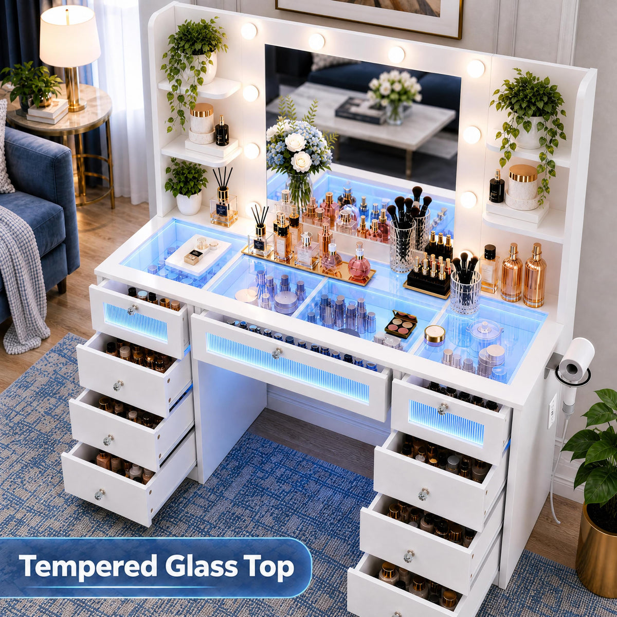 White Vanity with Lighted Mirror and Glass Top W167