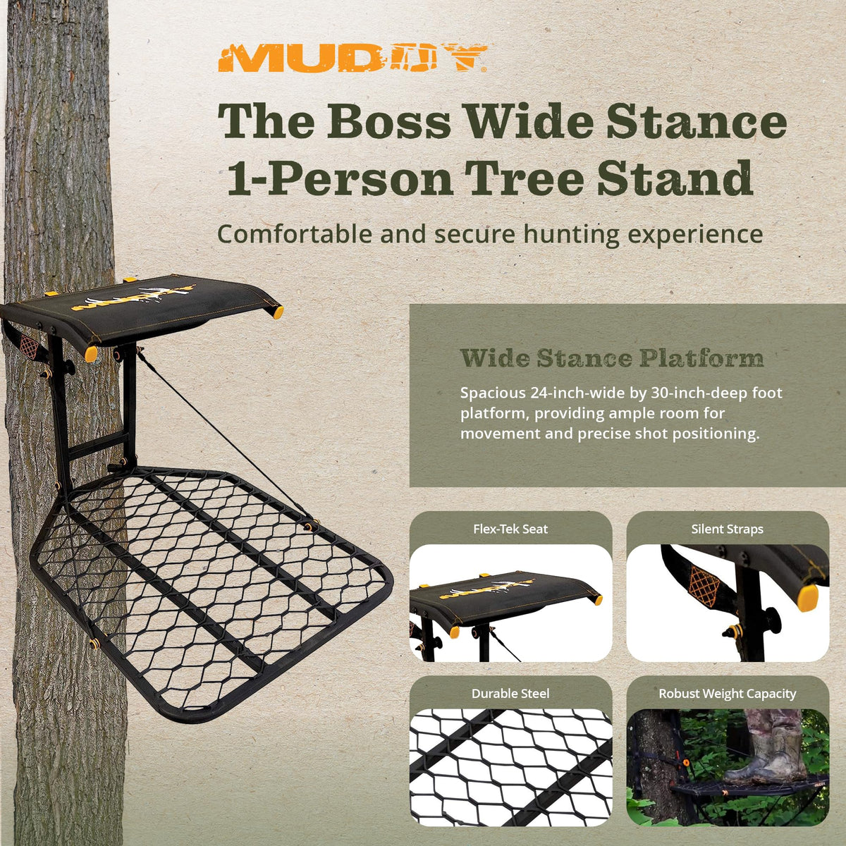 1-Person Tree Stand Platform & Set of 3 Climbing Sticks with Fold-Up Steps W472275