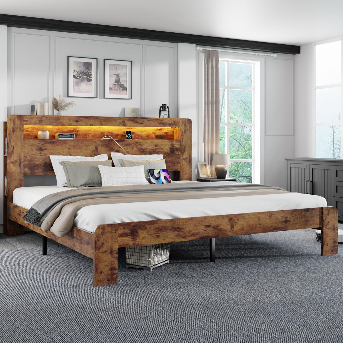 King Size Wooden Bed Frame with Storage Headboard and LED Lights W269262