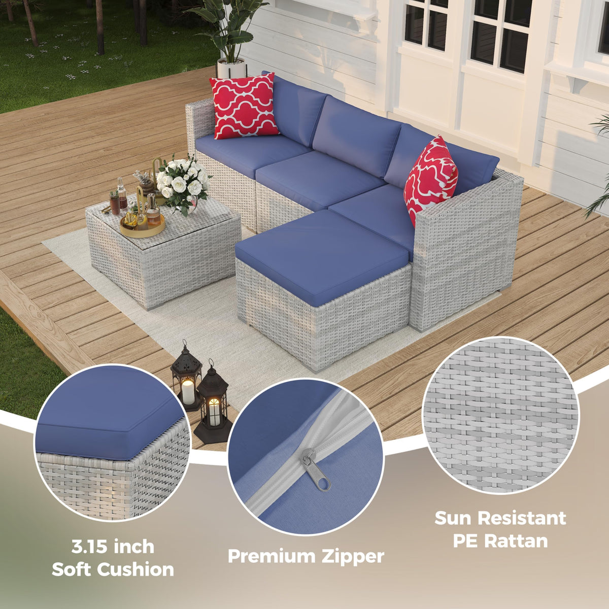 5-Piece Wicker Patio Furniture Set with Cushions & Coffee Table Y11397