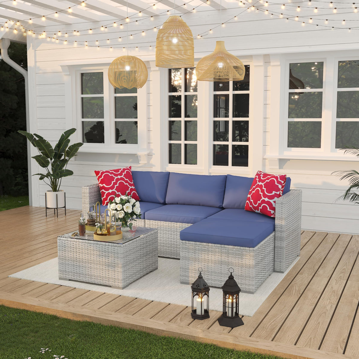 5-Piece Wicker Patio Furniture Set with Cushions & Coffee Table Y11397