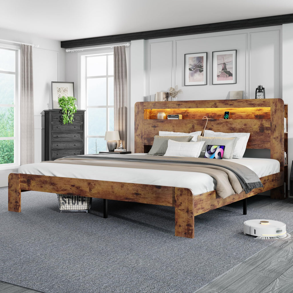 King Size Wooden Bed Frame with Storage Headboard and LED Lights W269262