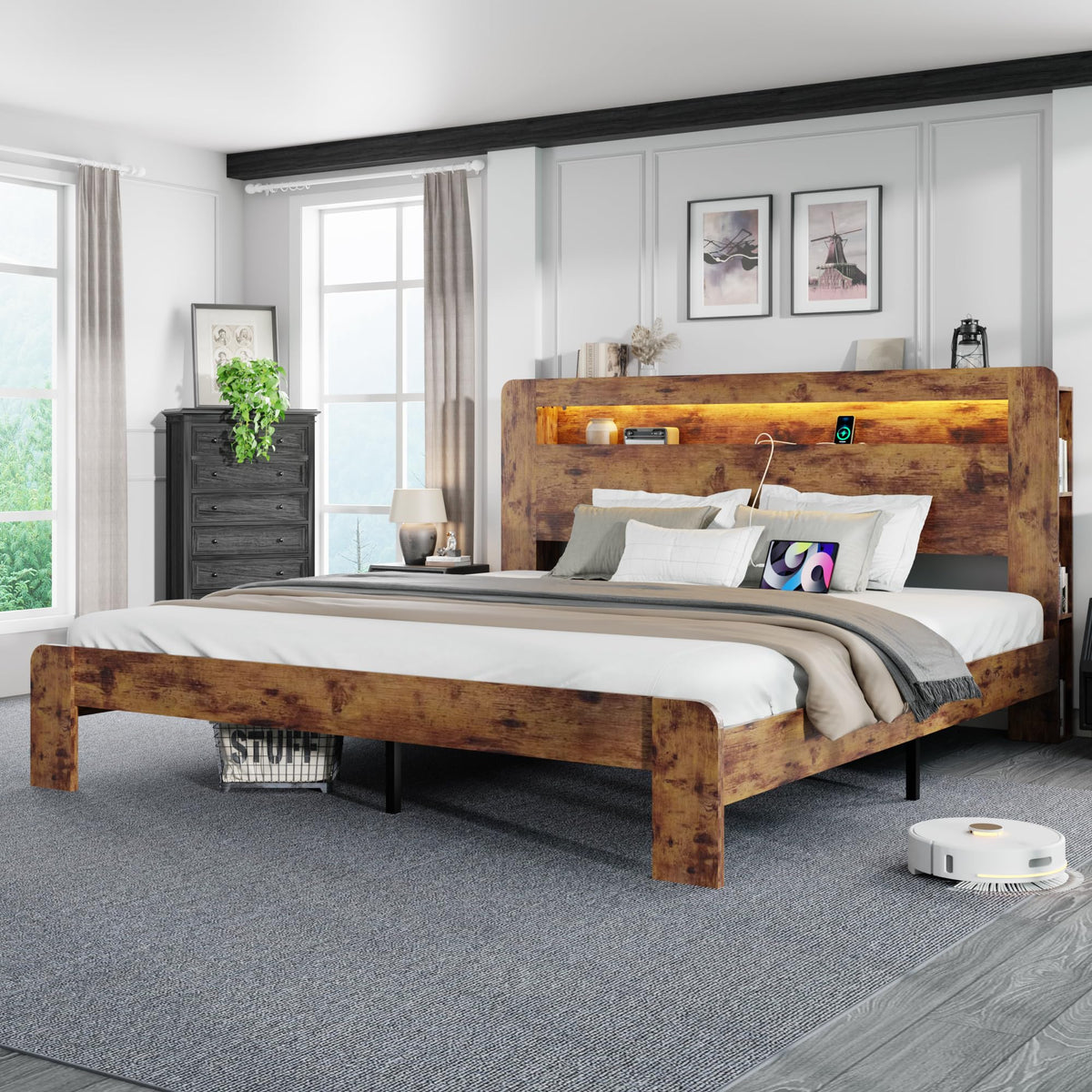 King Size Wooden Bed Frame with Storage Headboard and LED Lights W269262