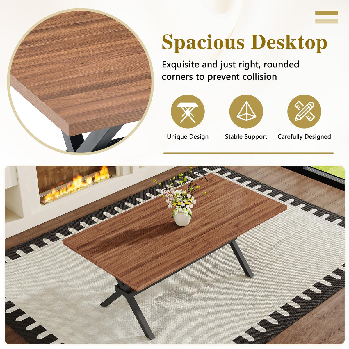 71-inch Dining Table with Chairs Set for 8, Walnut Wood Kitchen Table with Storage Shelf and Metal Legs, Brown PU Chairs Z64143