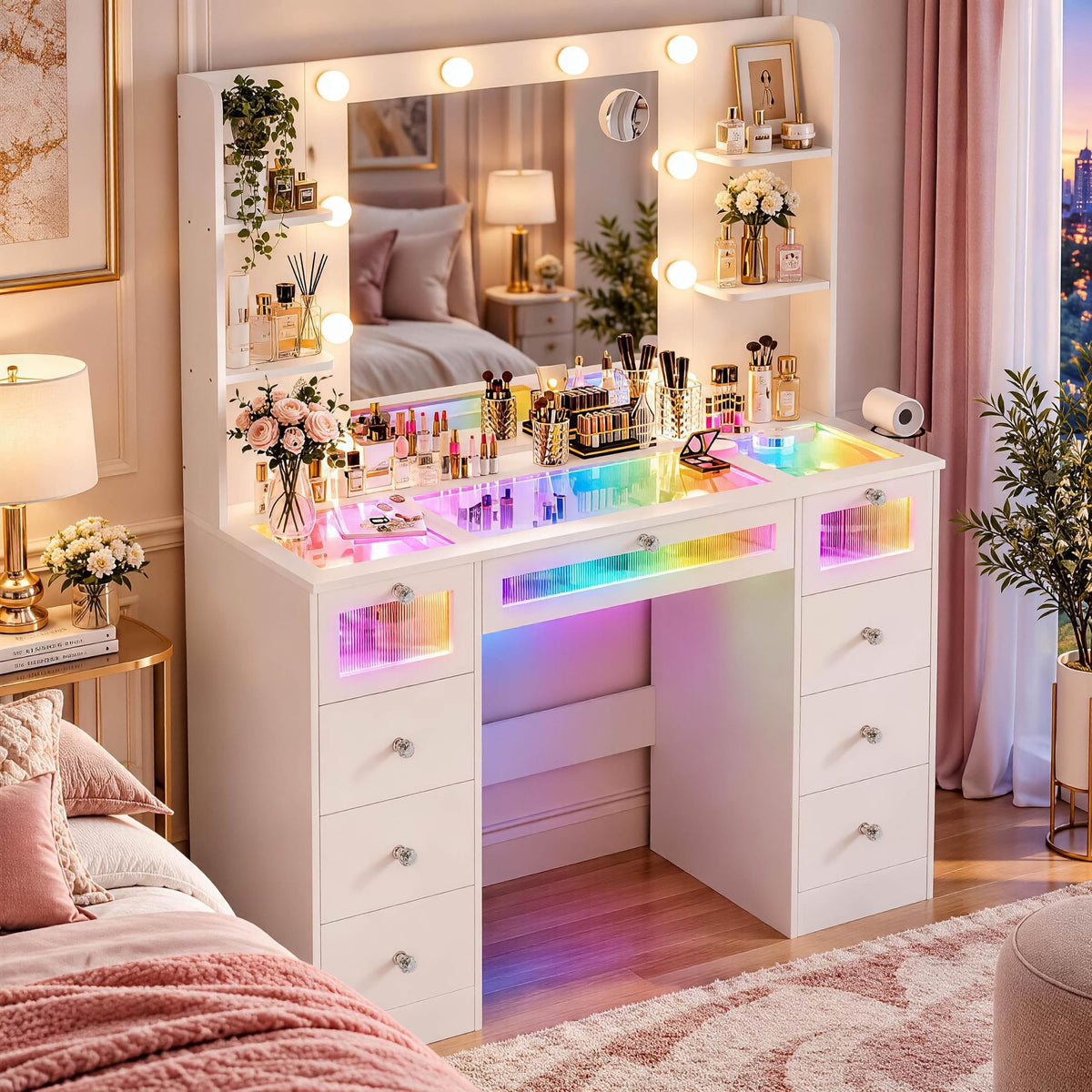 White Vanity with Lighted Mirror and Glass Top W167
