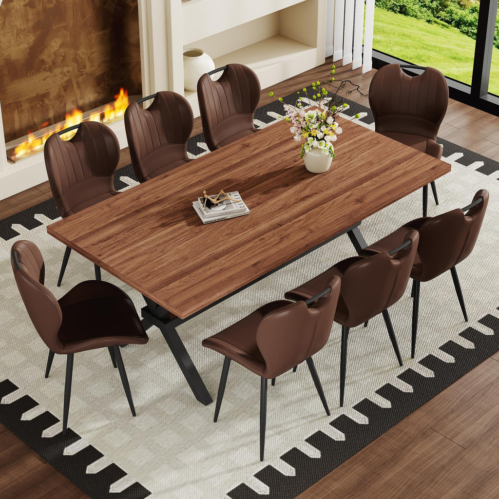71-inch Dining Table with Chairs Set for 8, Walnut Wood Kitchen Table with Storage Shelf and Metal Legs, Brown PU Chairs Z64143
