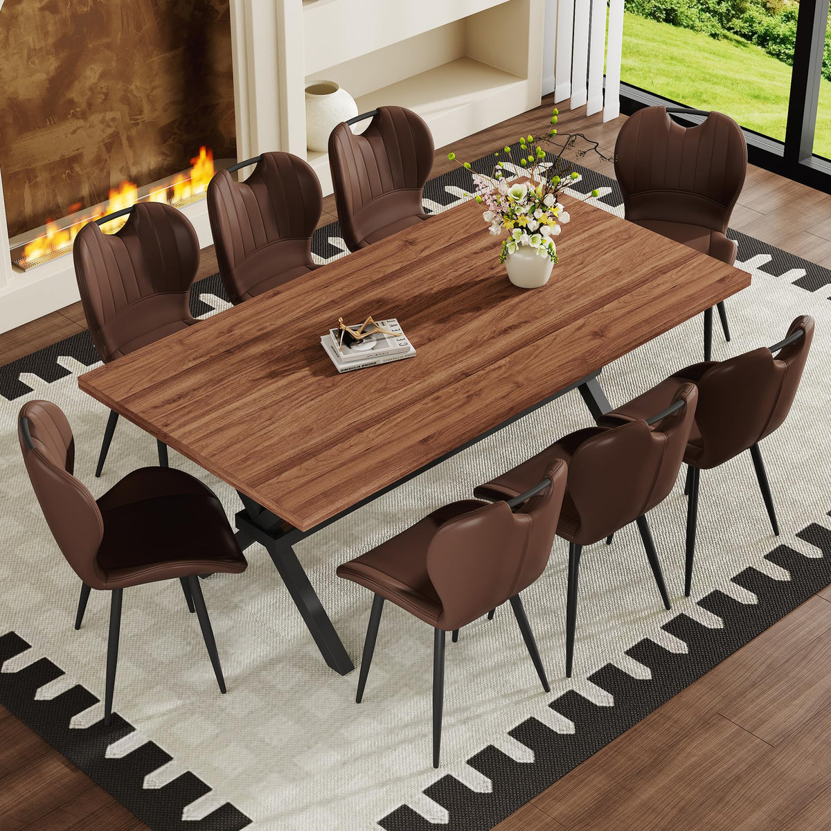 71-inch Dining Table with Chairs Set for 8, Walnut Wood Kitchen Table with Storage Shelf and Metal Legs, Brown PU Chairs Z64143